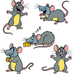 Five cartoon mice in various poses holding cheese and sleeping on white background Keywords: cartoon