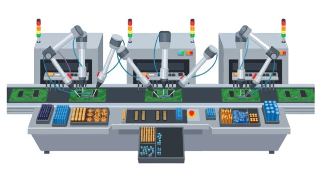 A detailed flat illustration of a PCB assembly line with surface-mount machines, conveyor belts, robotic pick-and-place systems, and electronic components