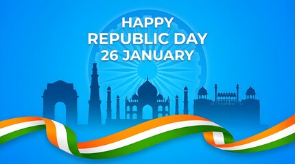 26 january Republic Day of India design with indian flag ribbon and monuments illustration