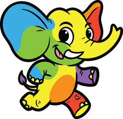 Happy Cartoon Elephant with Rainbow Colors Walking on White Background