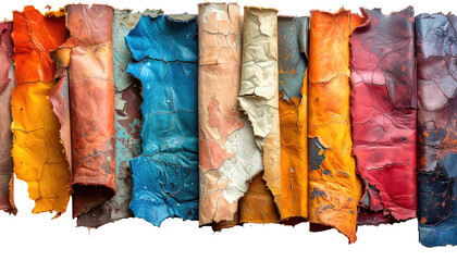 Abstract weathered, colorful painted sheets with cracked, peeling surfaces arranged in a visually appealing display