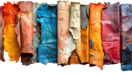 Abstract weathered, colorful painted sheets with cracked, peeling surfaces arranged in a visually appealing display