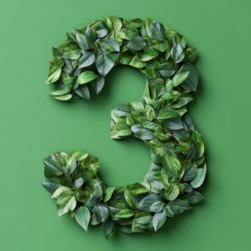 Green leaf number 3 on green background, botanical typography numeral, eco organic design concept for branding and posters