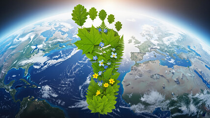 Colorful footprint made of leaves and flowers against the backdrop of Earth, symbolizing Earth Day