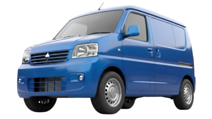 Isolated delivery van, blue panel truck with metal wheels and small, compact body design