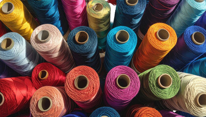 Aerial view of spools of yarn in various vivid, bright colors stacked closely together, filling the frame