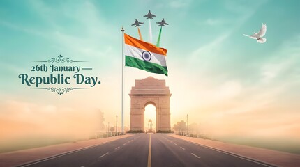 Illustration of banner with Indian flag and india gate for 26th January Republic Day of India
