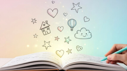 Hand writing in open notebook with doodles on colorful background  