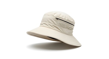 Fashionable light-colored bucket hat with zip detail, perfect for outdoor adventures and casual wear