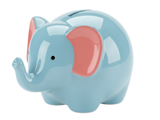 Isolated blue elephant piggy bank money saver, cute nursery decor for kids, bank gift