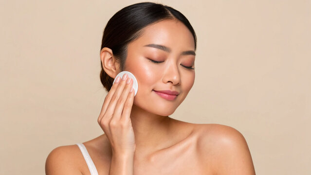 Asian Woman applying skincare product on face with cotton pad in simple background during daytime routine