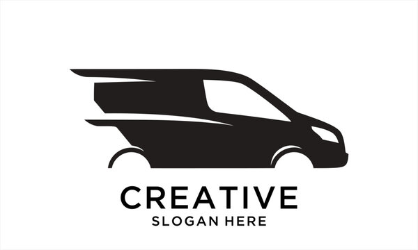 Dynamic black silhouette of a fast moving delivery van logo design.