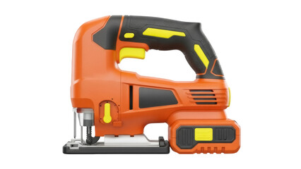 Fototapeta premium Isolated orange cordless jigsaw with black grip and blade for cutting wood or metal stock