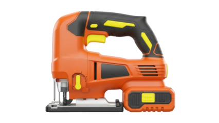 Isolated orange cordless jigsaw with black grip and blade for cutting wood or metal stock