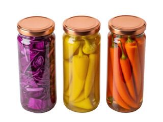 Isolated glass jars filled with pickled orange peppers, yellow peppers and purple cabbage