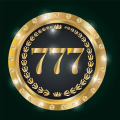  The numbers are 777, a round black token with gold and diamonds on a dark green background. A chip for casinos and card games. 