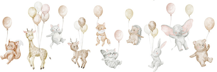 Flying Animals watercolor illustration border with Balloons. Set with bear and hare in pastel colors for baby shower greeting cards or childish birthday invitations. Clipart with elephant for nursery. © Alisles