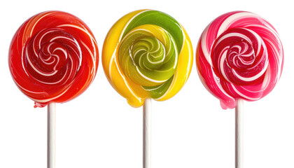 Three spiral lollipops with red, yellow/green, & pink shades, on black background
