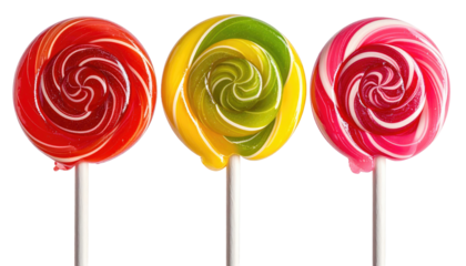 Three spiral lollipops with red, yellow/green, & pink shades, on black background