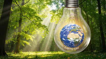 Light bulb with Earth inside, highlighting sustainability and awareness on Earth Day, with copy space