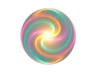 Isolated swirling sphere in rainbow pastel colors and bright center glowing soft light