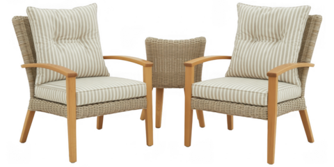 Wicker chairs with striped cushions and wooden frame isolated on a transparent background