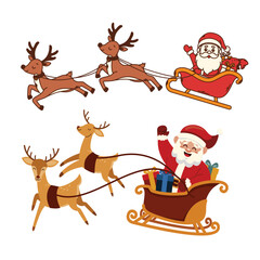 Santa Claus Flying in Sleigh with Reindeer. Christmas Character Riding Sled with Gifts. Cute Rudolph Cartoon for Holiday Banner Design.