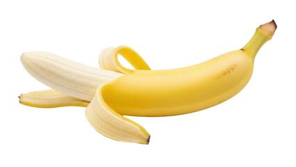 Isolated partially peeled ripe banana, tropical fruit ready to eat, healthy snack food concept