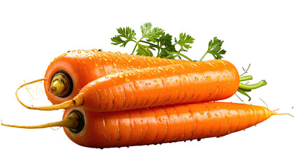 Two orange carrots, stacked, glistening with water droplets. A few green parsley leaves lie in the background