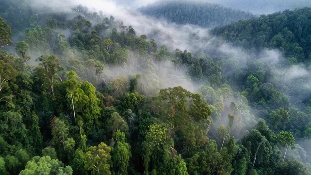 Dense tropical rainforest covered in mist, with fog weaving through the trees on a hillside.