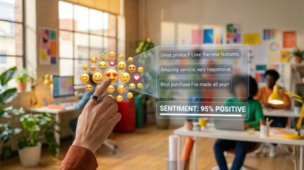 AI-Powered Sentiment Analysis Displaying Overwhelmingly Positive Customer Feedback in a Modern Office