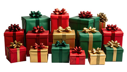 Pile of Christmas gifts in red, green, and gold, all with decorative bows