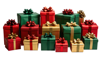 Pile of Christmas gifts in red, green, and gold, all with decorative bows