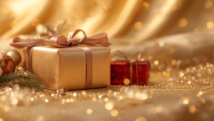 Festive holiday gift boxes adorned with ribbons and bows, illuminated by soft, sparkling golden bokeh lights on a shimmering surface