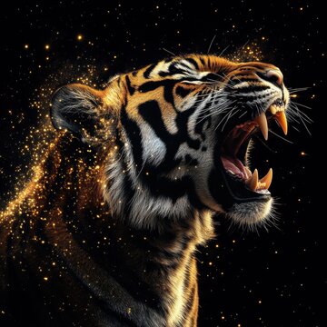 Dramatic roaring tiger portrait with golden sparks, wildlife predator close-up on dark background, cinematic animal art