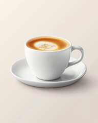 Fototapeta premium White cup of coffee with foamy top, saucer, minimalist presentation, soft light