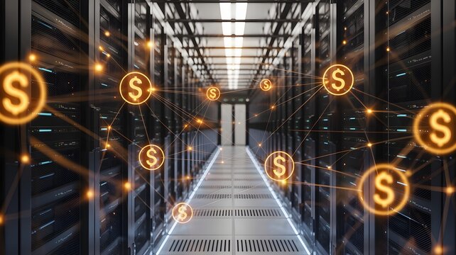 Server rack corridor with floating dollar icon nodes representing real-time transaction monitoring across networked system (fraud detection, payment tracking).