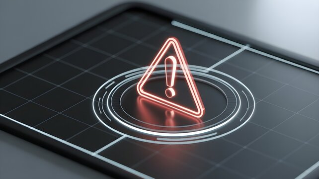 Tablet screen showing neon warning triangle over target grid representing alert management and incident notification workflow.