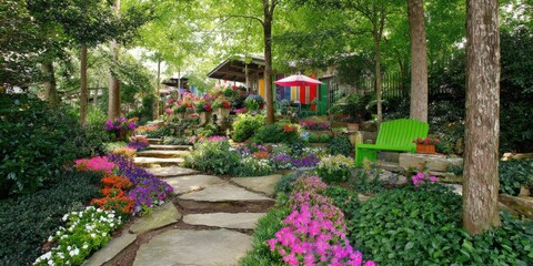 Obraz premium Colorful garden landscaping with stone path and green bench