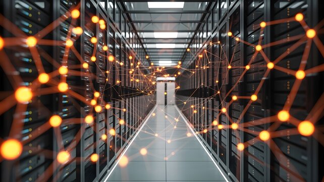 Server aisle with network node overlay representing real-time transaction monitoring for fraud detection and analytics.