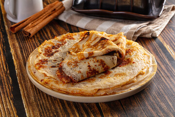 Thin homemade golden pancaces stack