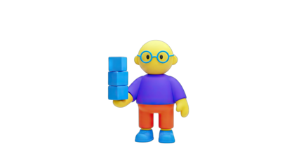 3D Cartoon Character Holding Blocks on White Background