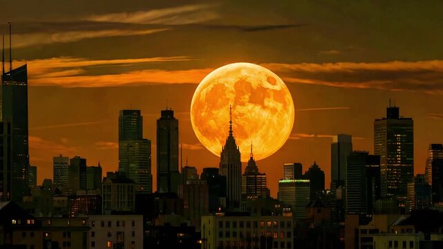 Spectacular orange supermoon rises dramatically behind the illuminated new york city skyline during a warm twilight evening