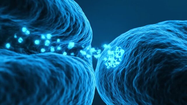 Macro close-up of synaptic gap with neurotransmitters crossing between neurons.