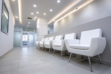 Modern clinic waiting room with white chairs and clean hallway for clinic websites and patient experience