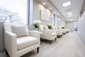 Modern clinic waiting room with white armchairs and soft lighting for medical and insurance services