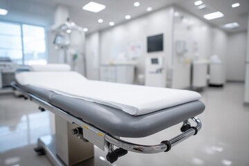 Empty examination table in clean medical room with modern equipment for clinic websites and patient care visuals
