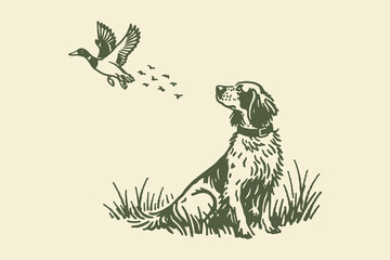 Hunting dog watching duck vintage sketch vector illustration