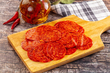 Spicy hot pepperoni sausages slices