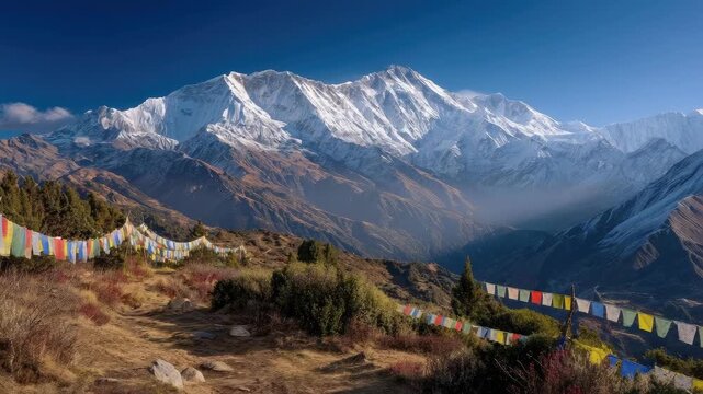 Snowy Himalayan mountains under a blue sky with colorful prayer flags strung across a hillside.